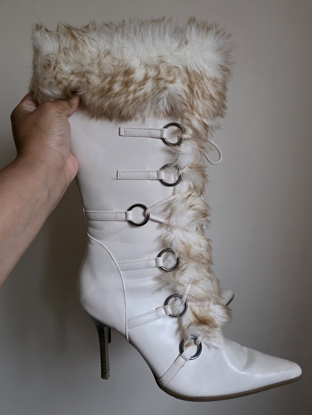 Delicious White Fur Trim Stiletto Boots